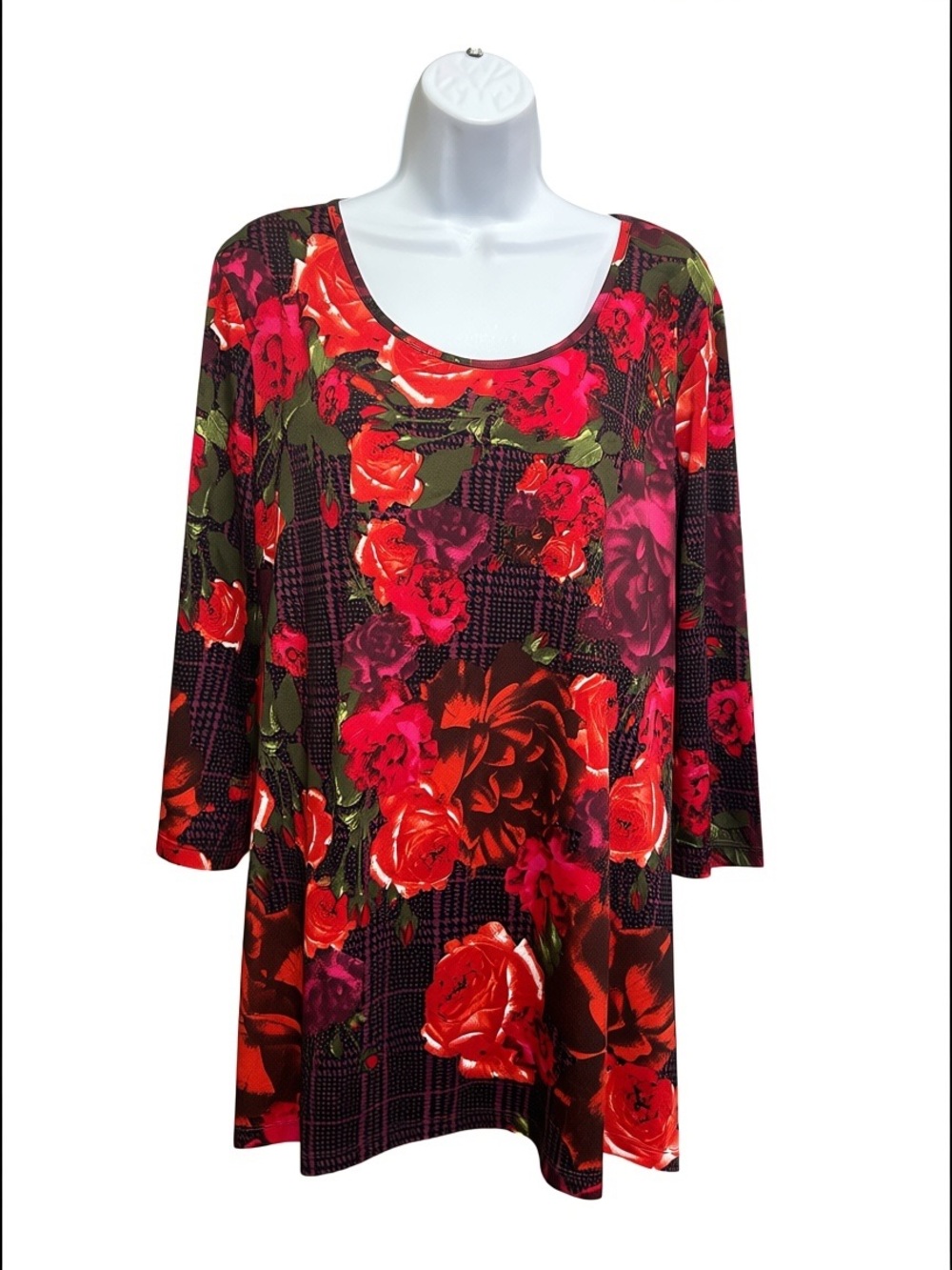 Alia Red Floral Plaid Long Sleeve Tunic Top Plus Size 2X